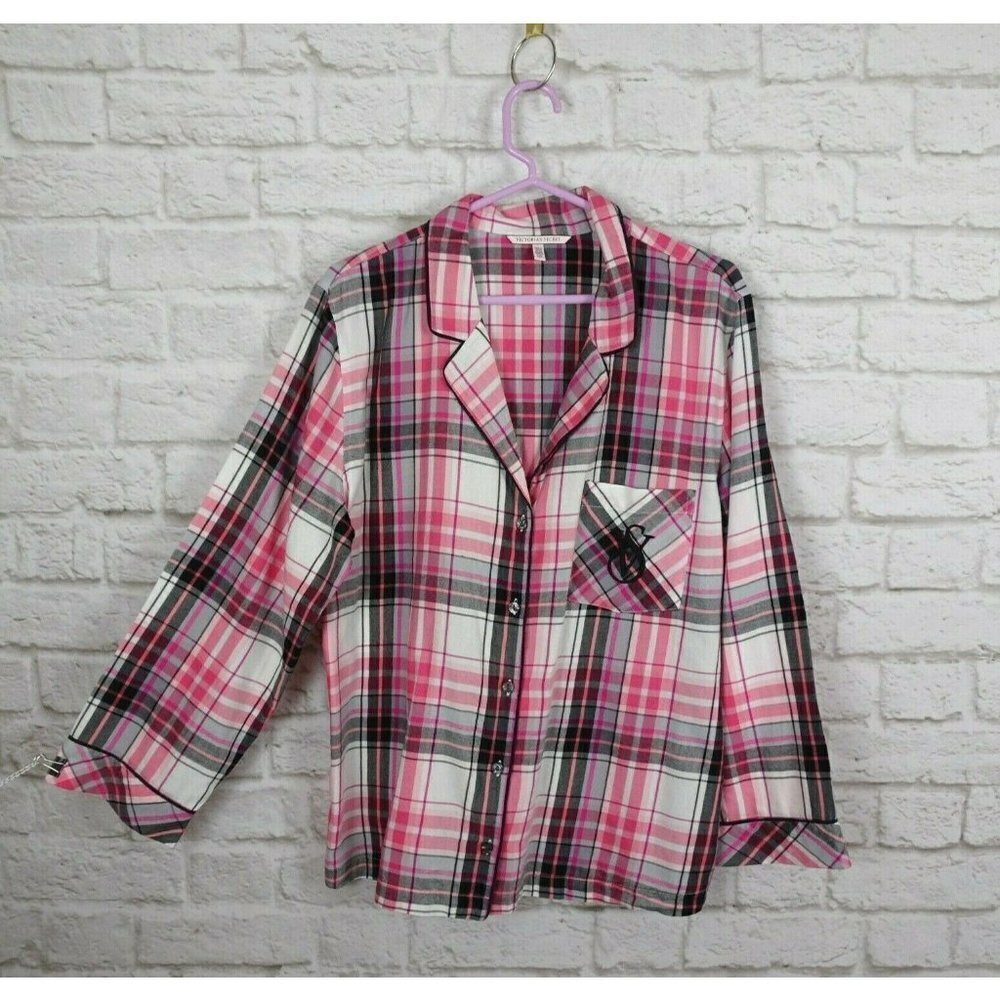 Victoria's Secret Pajama Top Long Sleeves Sleepwear Loungewear Pink Plaid Size L
